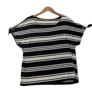 Calvin Klein Y2K Retro Stripe Top Womens L Black White Tie Shoulder Shirt